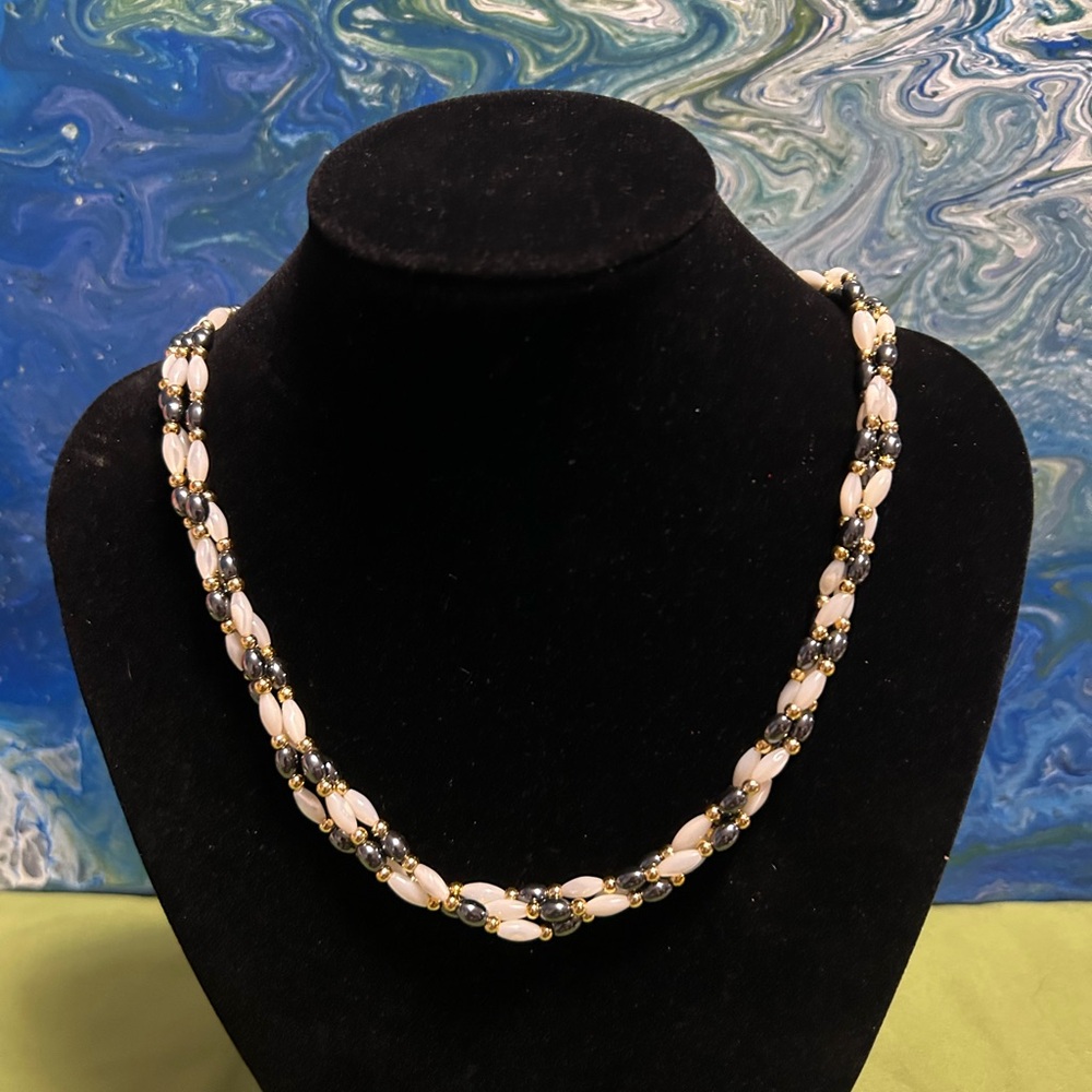 Elegant White and Gray Beaded Necklace gold tone accents